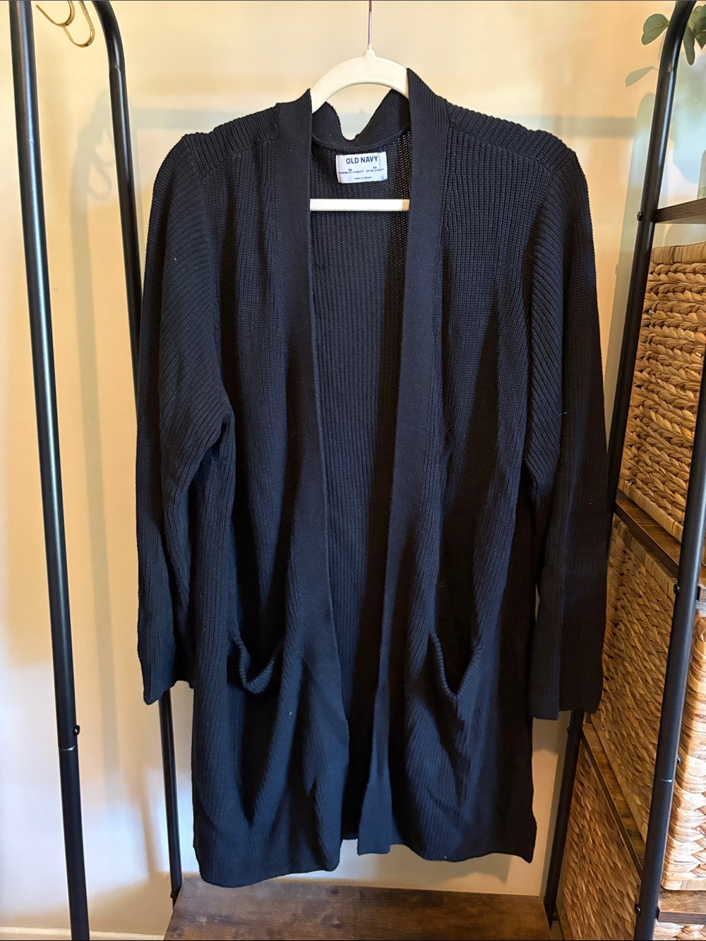 Longline Black Ribbed Open-Front Cardigan with Pockets